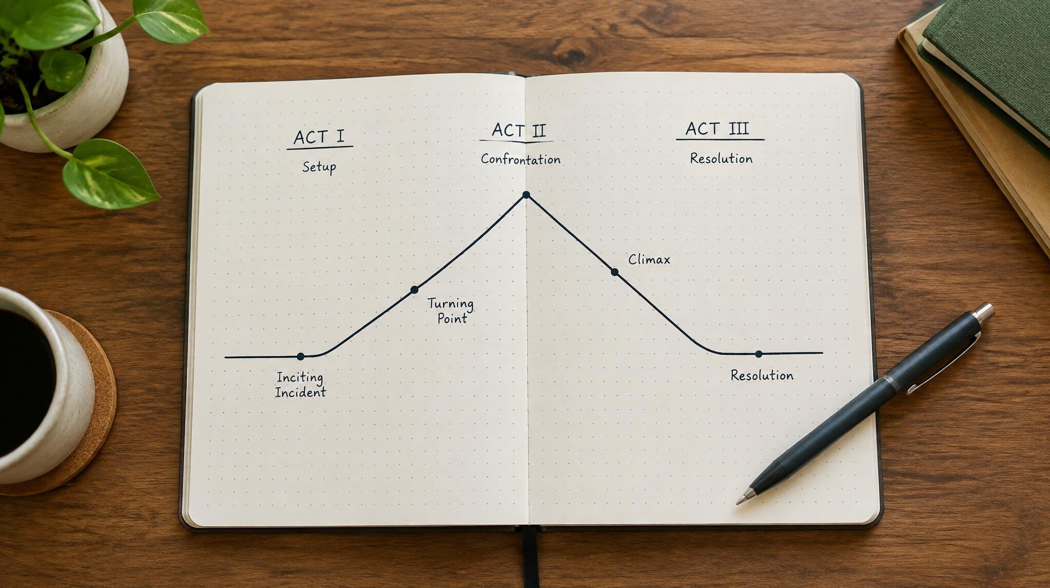 Open notebook with hand drawn story structure diagram and a pen
