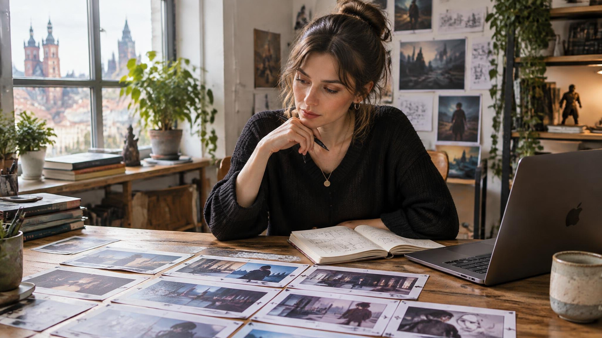 Woman working on storyboard cards and laptop at a creative desk