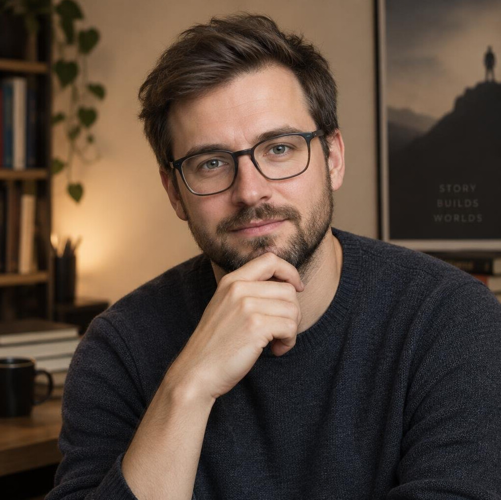 Studio portrait of a Polish man with glasses, screenwriting mentor