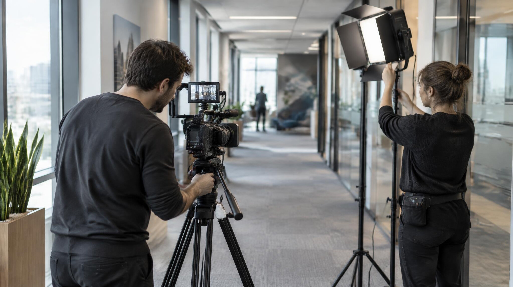 Film crew setting up a camera in a corporate office for a documentary shoot