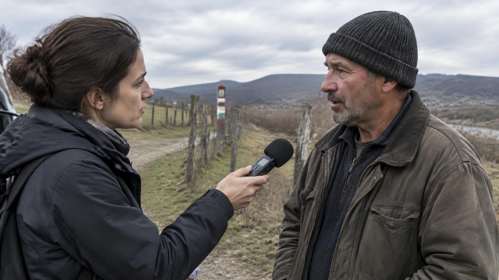 Radio reporter recording an interview outdoors near a border crossing