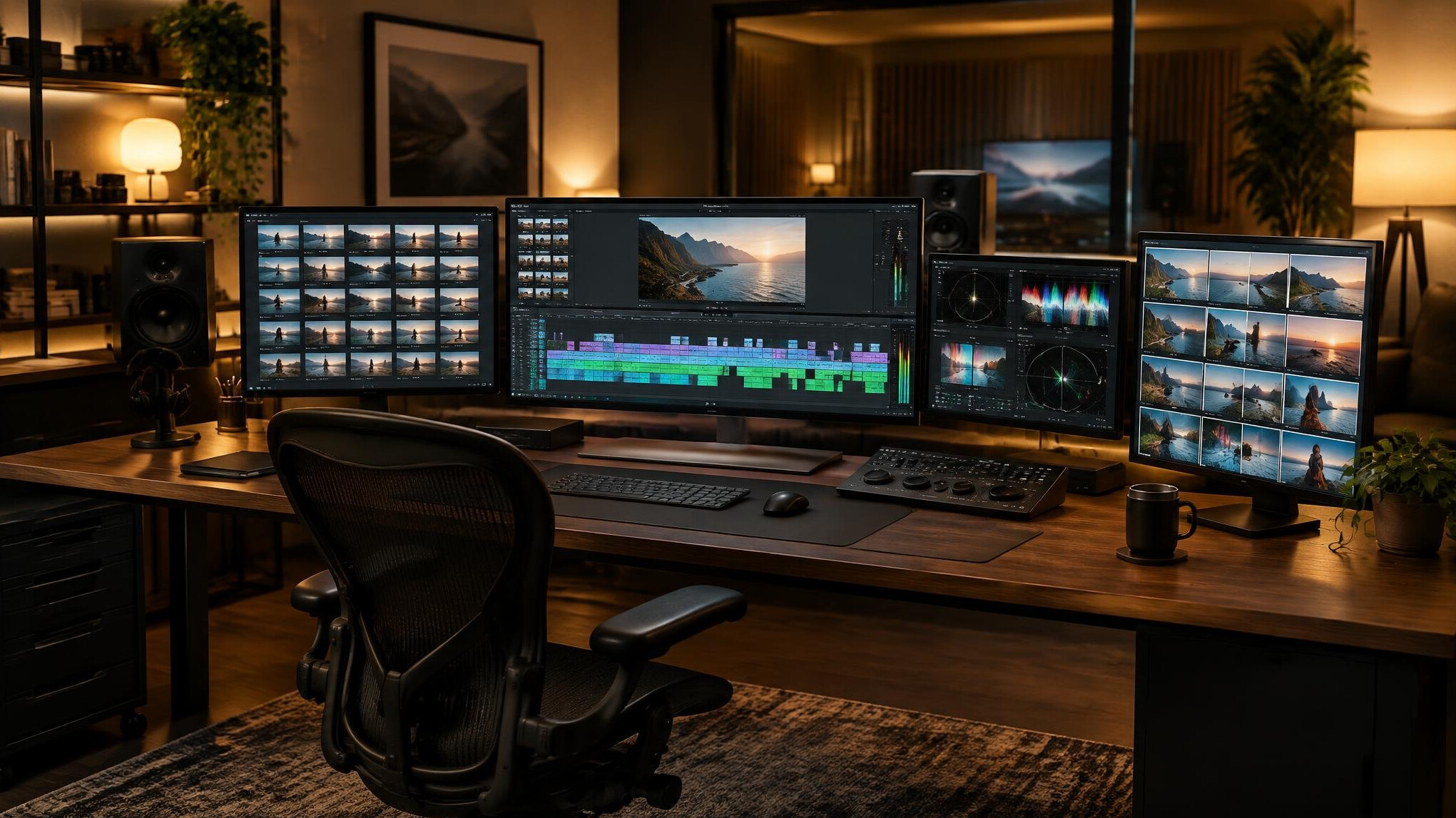 Editing room with monitors showing video timelines and contact sheets