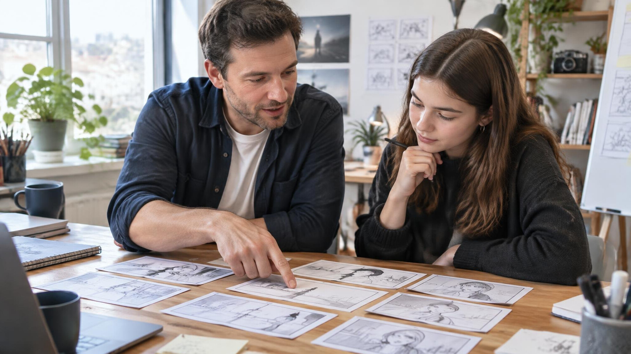 Instructor and student reviewing storyboard cards on a table