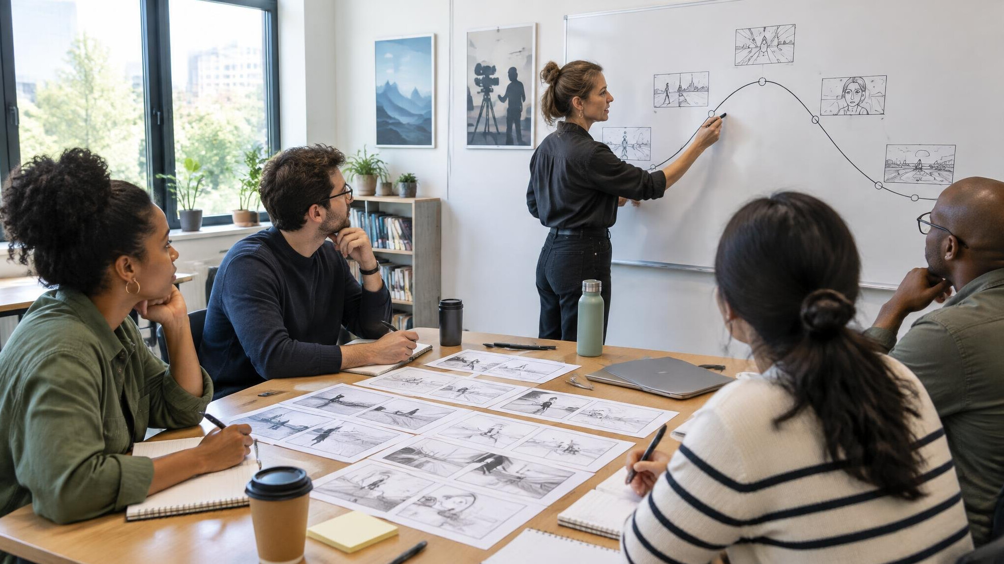 Workshop classroom with students around a table covered with storyboards