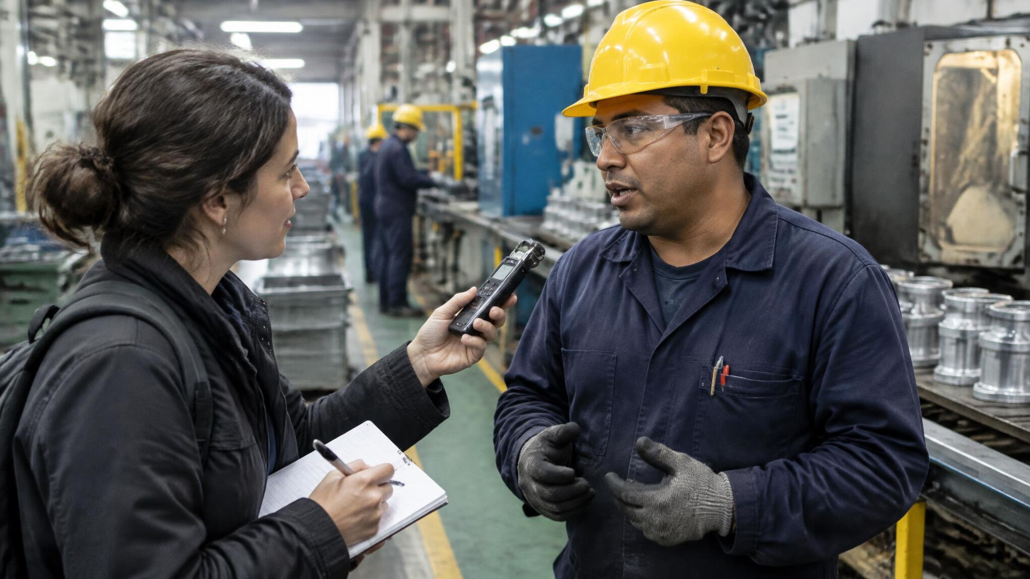 Journalist interviewing a factory worker on a production floor