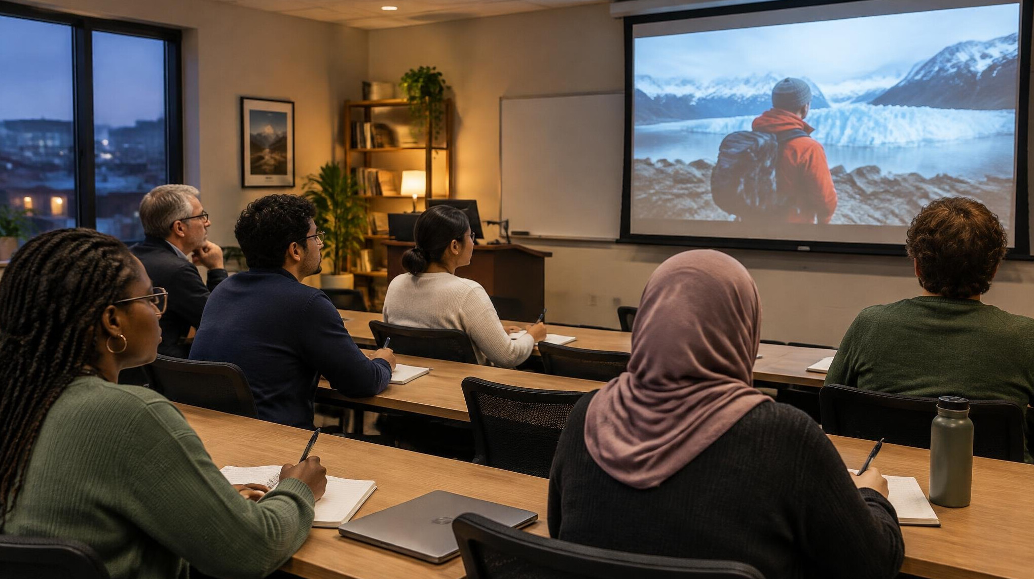 Adult students taking notes while watching a documentary clip in class