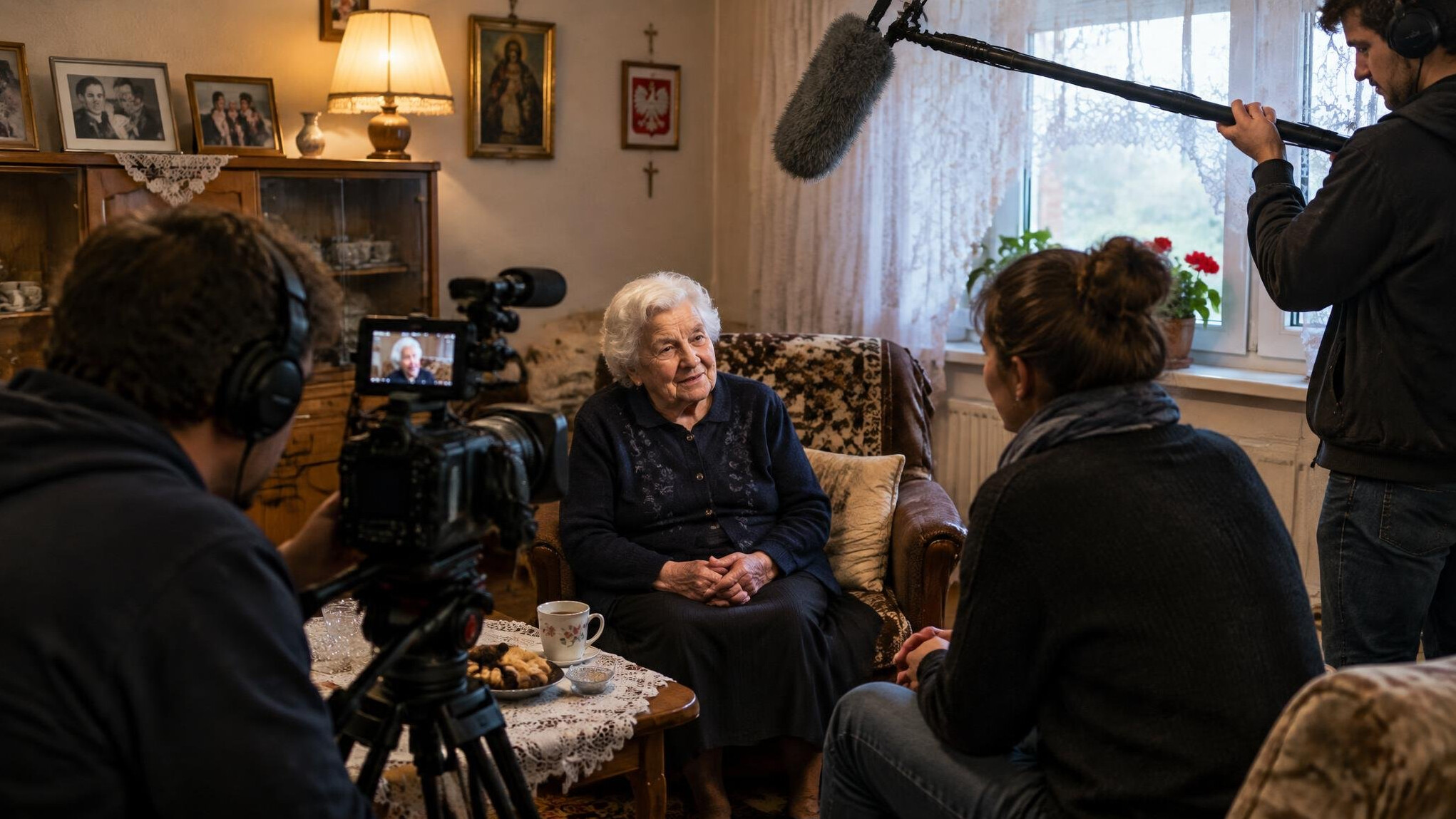 Documentary crew interviewing an elderly person in a living room