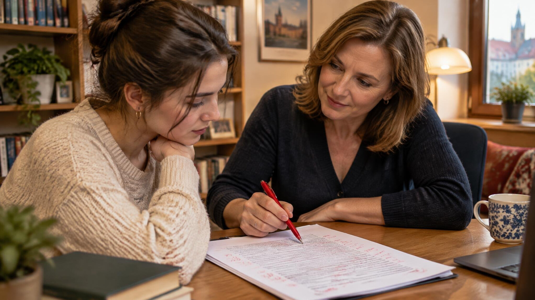Mentor and student reviewing a printed script with red pen notes
