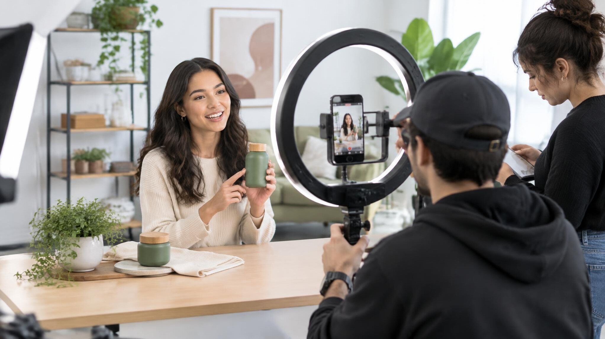 Creative team filming branded content with a ring light and smartphone rig